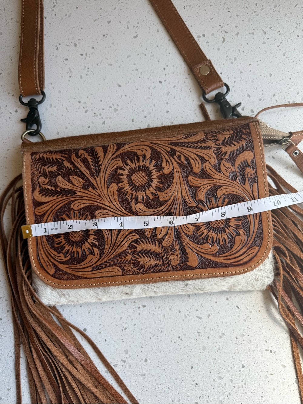 Myra Bag Brown Tooled Leather Crossbody with Fringe - Picture 6 of 8
